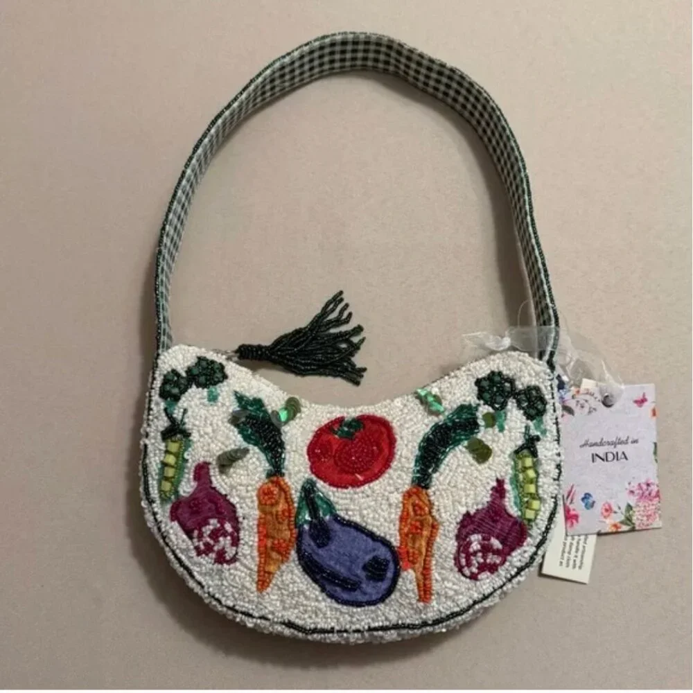 Handcrafted in India Vegetable Beaded Shoulder Bag Gingham Interior Tassel NWT